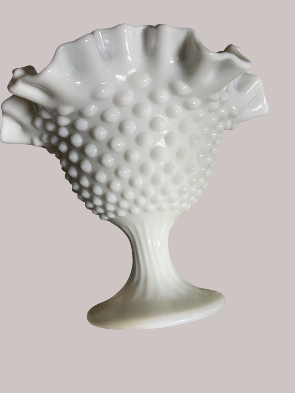 White Milk Glass Hobnail Ruffled Crimped Edge Compote Vase Dish - Picture 3 of 11